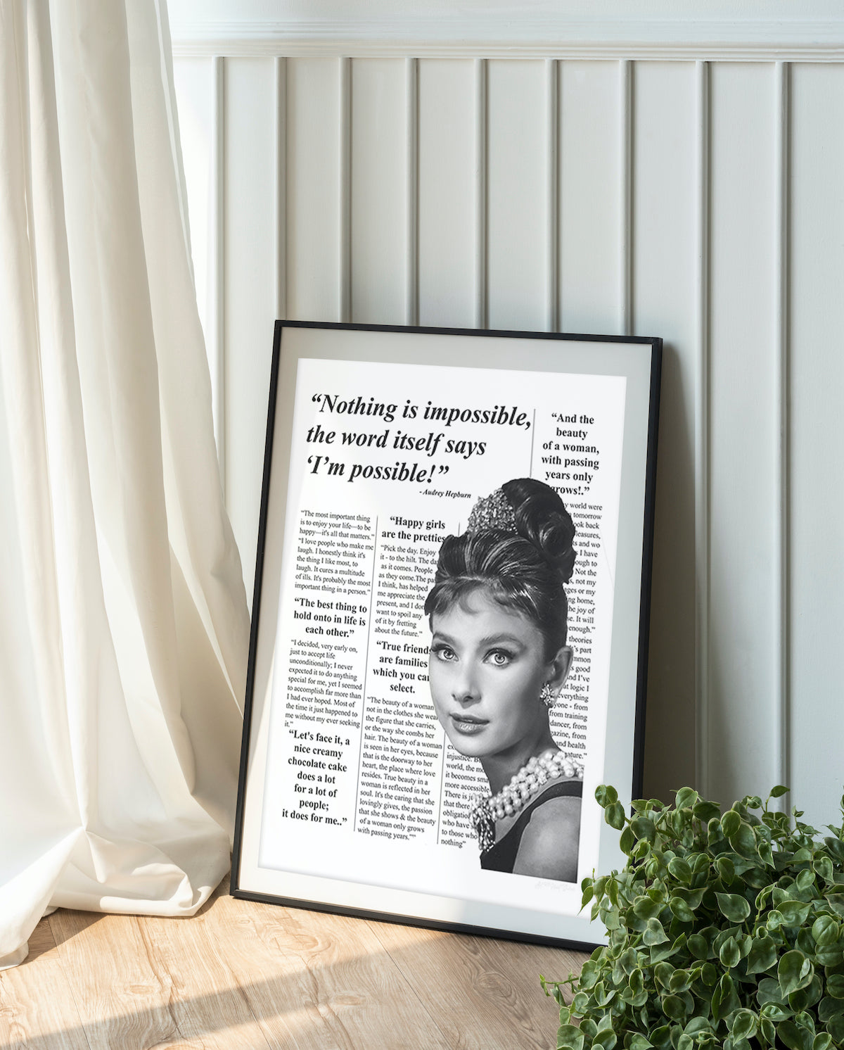 Frame mockup of Audrey Hepburn Newspaper style quote print